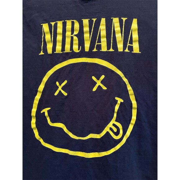 Nirvana T-Shirt Unisex Size M Black Yellow Smiley Face Graphic Band Tee - Picture 2 of 6